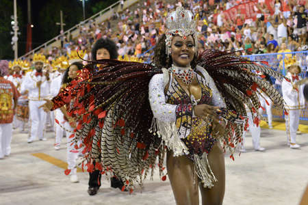 Rio de Janeiro, RJ/Brazil - february 09, 2018: Samba School parade in Sambodromo. Unidos do Porto da Pedra during festival at Marques de Sapucai Street.のeditorial素材