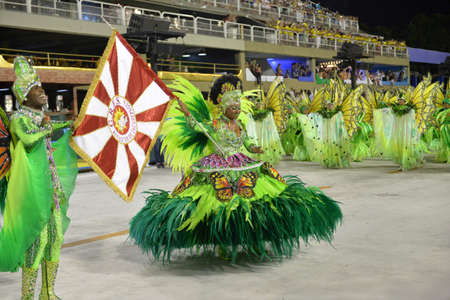 Rio de Janeiro, RJ/Brazil - february 09, 2018: Samba School parade in Sambodromo. Rensacer de Jacarepagua during festival at Marques de Sapucai Street.のeditorial素材