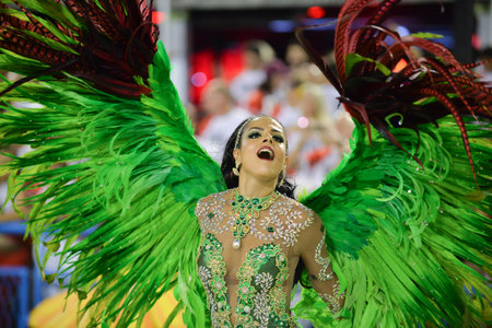Rio, Brazil - february 10, 2018: Samba School parade in Sambodromo. Academicos de Santa Cruz during parade of the carioca carnival in the Marques de Sapucaiのeditorial素材