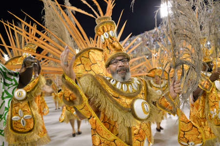 Rio de Janeiro, RJ/Brazil - February 09, 2018: Samba School parade in Sambodromo. Imperio da Tijuca during festival at Marques de Sapucai Street. Percussion.のeditorial素材