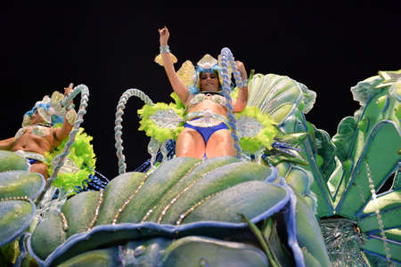 Rio de Janeiro, RJ/Brazil - February 09, 2018: Samba School parade in Sambodromo. Imperio da Tijuca during festival at Marques de Sapucai Street. Percussion.のeditorial素材