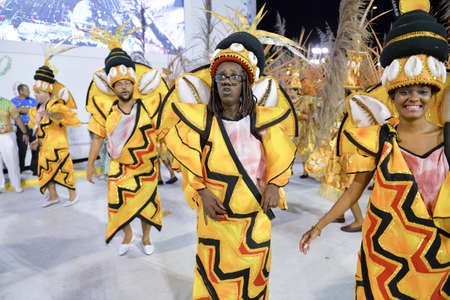 Rio de Janeiro, RJ/Brazil - February 09, 2018: Samba School parade in Sambodromo. Imperio da Tijuca during festival at Marques de Sapucai Street. Percussion.のeditorial素材