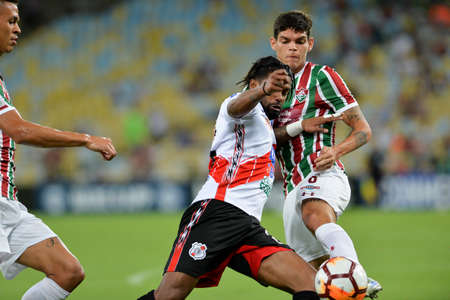 Rio, Brazil - april 11, 2018: Harold Reina e Ayrton Lucas player in match between Fluminense and Nacional Potossi by the sulamerica Championship in Maracana Stadiumのeditorial素材