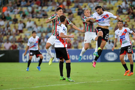 Rio, Brazil - april 11, 2018: Montenegro Medina and Marco Junior player in match between Fluminense and Nacional Potossi by the sulamerica Championship in Maracana Stadiumのeditorial素材