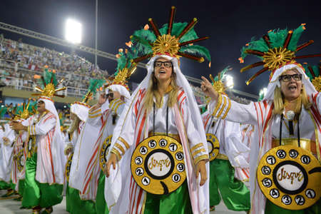 Rio, Brazil - february 12, 2018: Samba School parade in Sambodromo. Grande Rio during parade of the carioca carnival in the Marques de Sapucaiのeditorial素材