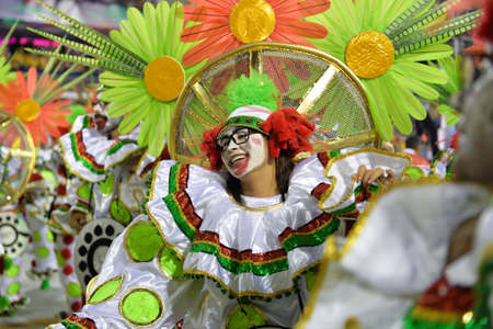 Rio, Brazil - february 12, 2018: Samba School parade in Sambodromo. Grande Rio during parade of the carioca carnival in the Marques de Sapucaiのeditorial素材