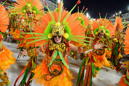 Rio, Brazil - february 12, 2018: Samba School parade in Sambodromo. Grande Rio during parade of the carioca carnival in the Marques de Sapucaiのeditorial素材