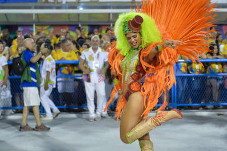 Rio, Brazil - february 12, 2018: Samba School parade in Sambodromo. Grande Rio during parade of the carioca carnival in the Marques de Sapucaiのeditorial素材