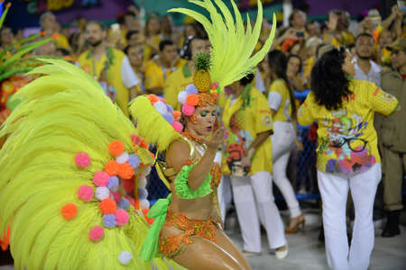 Rio, Brazil - february 12, 2018: Samba School parade in Sambodromo. Grande Rio during parade of the carioca carnival in the Marques de Sapucaiのeditorial素材