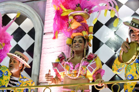 Rio, Brazil - february 12, 2018: Samba School parade in Sambodromo. Mangueira during parade of the carioca carnival in the Marques de Sapucaiのeditorial素材