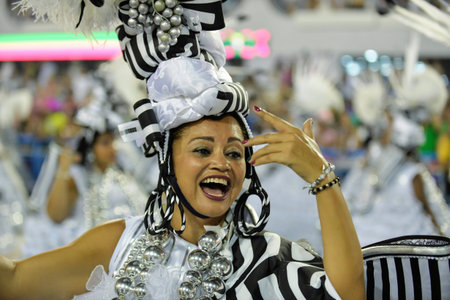 Rio, Brazil - february 12, 2018: Samba School parade in Sambodromo. Mangueira during parade of the...