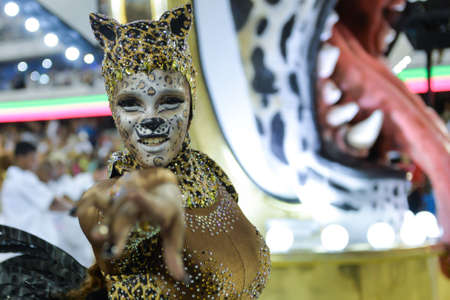 Rio, Brazil - february 12, 2018: Samba School parade in Sambodromo. Mangueira during parade of the carioca carnival in the Marques de Sapucaiのeditorial素材