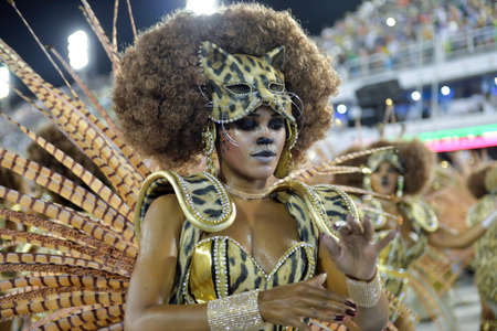Rio, Brazil - february 12, 2018: Samba School parade in Sambodromo. Mangueira during parade of the carioca carnival in the Marques de Sapucaiのeditorial素材