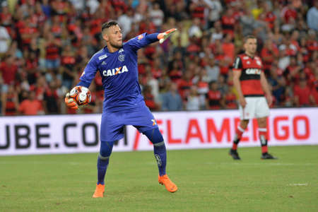 Rio, Brazil - march 28, 2018: Diego Alves goal keeper in match between Flamengo and Botafogo by the Carioca Championship in Maracana Stadiumのeditorial素材