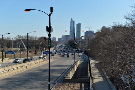 Chicago, Usa - march 14, 2018: View of avenue with skyscrapers in wind city on a spring dayのeditorial素材