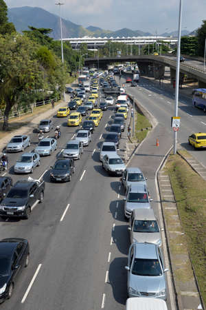 Rio de Janeiro, Brazil - may 25, 2018:  Because of the truck drivers' strike the city faces lack of fuel. The drivers queue to fill the tank at the gas stationsのeditorial素材