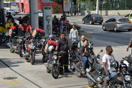 Rio de Janeiro, Brazil - may 25, 2018:  Because of the truck drivers' strike the city faces lack of fuel. The drivers queue to fill the tank at the gas stationsのeditorial素材