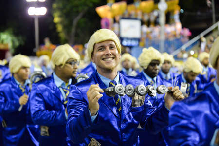 Rio, Brazil - february 12, 2018: Samba School parade in Sambodromo. Unidos da Tijuca during parade of the carioca carnival in the Marques de Sapucai. Member of percussionのeditorial素材