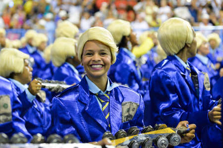 Rio, Brazil - february 12, 2018: Samba School parade in Sambodromo. Unidos da Tijuca during parade of the carioca carnival in the Marques de Sapucai. Member of percussionのeditorial素材
