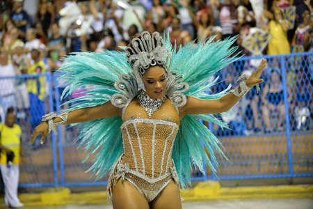 Rio, Brazil - february 12, 2018: Samba School parade in Sambodromo. Unidos da Tijuca during parade of the carioca carnival in the Marques de Sapucai. Queen of percussion Juliana Alvesのeditorial素材