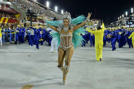 Rio, Brazil - february 12, 2018: Samba School parade in Sambodromo. Unidos da Tijuca during parade of the carioca carnival in the Marques de Sapucai.のeditorial素材