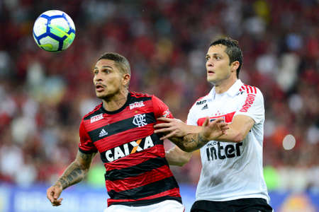 Rio, Brazil - june 18, 2018: Paolo Guerrero and Anderson Martins player in match between Flamengo and Sao Paulo by the Brazilian Championship in Maracana Stadiumのeditorial素材
