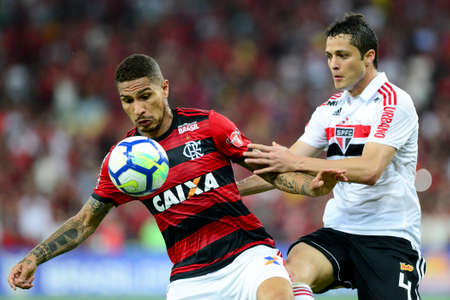 Rio, Brazil - june 18, 2018: Paolo Guerrero and Anderson Martins player in match between Flamengo and Sao Paulo by the Brazilian Championship in Maracana Stadiumのeditorial素材