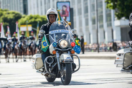 Rio de Janeiro, Brazil - september 07, 2018:  military civic parade celebrating the independence of Brazil. Police driving a motorcycle.のeditorial素材