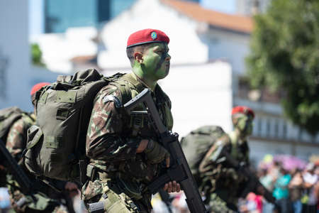 Rio de Janeiro, Brazil - september 07, 2018:  military civic parade celebrating the independence of Brazil. Soldier with painted face.のeditorial素材