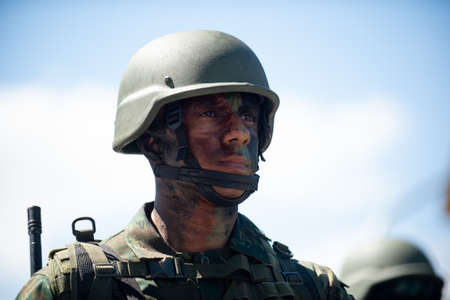 Rio de Janeiro, Brazil - september 07, 2018:  military civic parade celebrating the independence of Brazil. Soldier with painted face.のeditorial素材