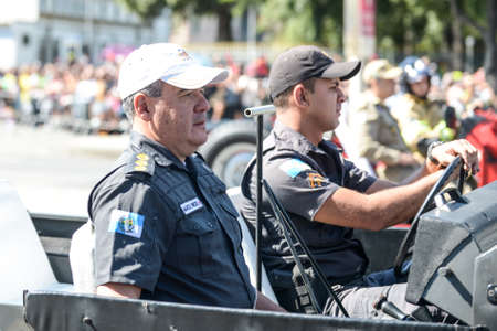 Rio de Janeiro, Brazil - september 07, 2018:  military civic parade celebrating the independence of Brazil. Military on driving a car (Jeep)のeditorial素材
