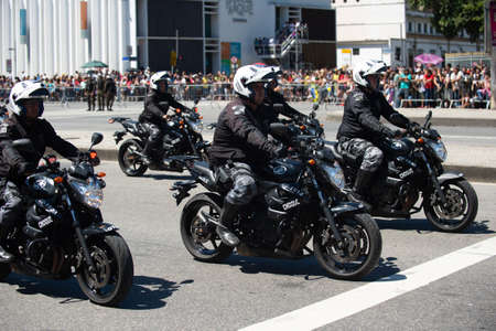 Rio de Janeiro, Brazil - september 07, 2018:  military civic parade celebrating the independence of Brazil. Motorcycle policeのeditorial素材