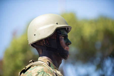 Rio de Janeiro, Brazil - september 07, 2018:  military civic parade celebrating the independence of Brazil. Soldier with painted face.のeditorial素材