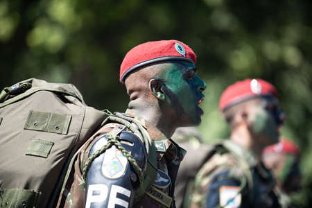 Rio de Janeiro, Brazil - september 07, 2018:  military civic parade celebrating the independence of Brazil. Soldier with painted face.のeditorial素材