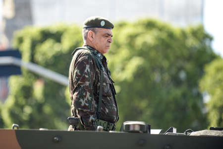 Rio de Janeiro, Brazil - september 07, 2018:  military civic parade celebrating the independence of Brazil. Military on top of a tank of warのeditorial素材
