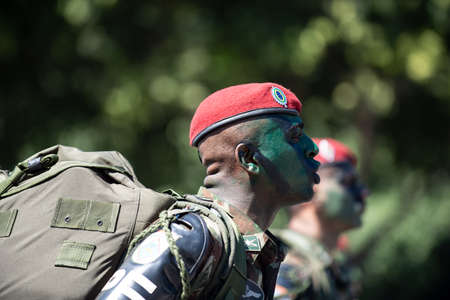 Rio de Janeiro, Brazil - september 07, 2018:  military civic parade celebrating the independence of Brazil. Soldier with painted face.のeditorial素材