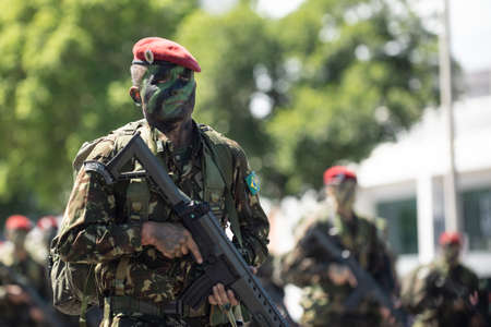 Rio de Janeiro, Brazil - september 07, 2018:  military civic parade celebrating the independence of Brazil. Soldier with painted face.のeditorial素材