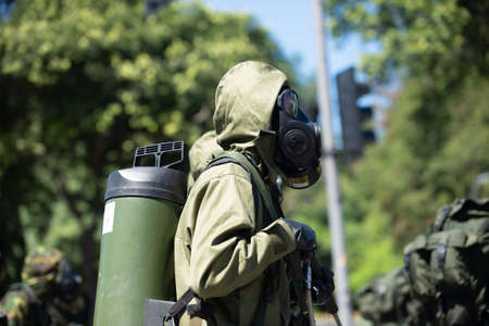 Rio de Janeiro, Brazil - september 07, 2018:  military civic parade celebrating the independence of Brazil. Men with gas maskのeditorial素材