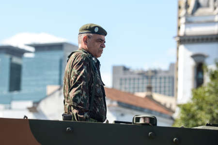 Rio de Janeiro, Brazil - september 07, 2018:  military civic parade celebrating the independence of Brazil. Military on top of a tank of warのeditorial素材