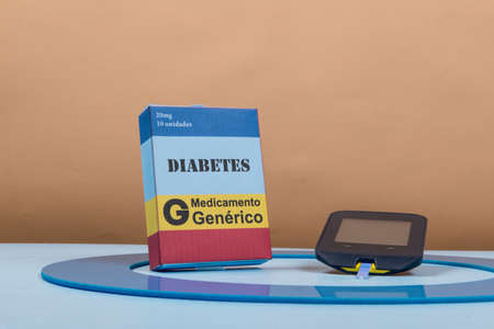 Blue circle with some Diabetes equipment do treatment the disease. November Blueの写真素材