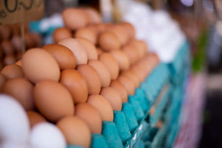 Market in open-air market with eggs in a stacksの写真素材