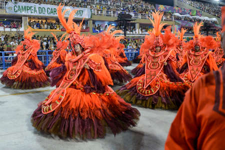 Rio, Brazil - february 12, 2018: Samba School Salgueiro perform at Marques de Sapucai known as Sambodromo, for the Carnival Samba Parade competitionのeditorial素材