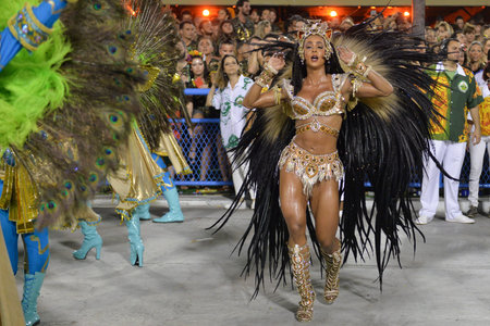Rio, Brazil - february 12, 2018: Samba School Imperatriz Leopoldinense perform at Marques de Sapucai...
