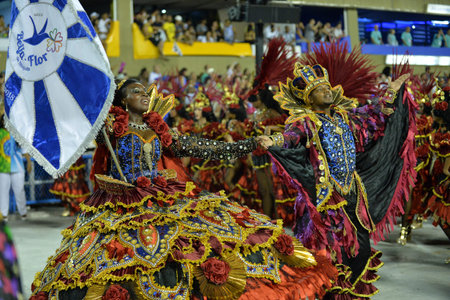 Rio, Brazil - february 12, 2018: Samba School Beija Flor perform at Marques de Sapucai known as...
