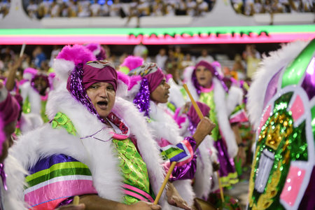 Rio, Brazil - february 11, 2018: Samba School Mangueira perform at Marques de Sapucai known as...