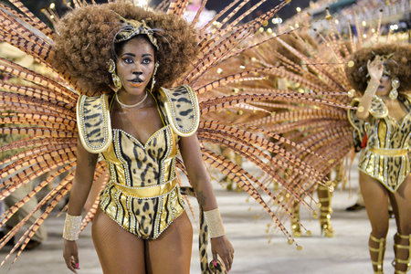 Rio, Brazil - february 11, 2018: Samba School Mangueira perform at Marques de Sapucai known as...