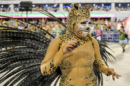 Rio, Brazil - february 11, 2018: Samba School Mangueira perform at Marques de Sapucai known as...