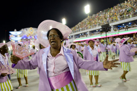 Rio, Brazil - february 11, 2018: Samba School Mangueira perform at Marques de Sapucai known as...