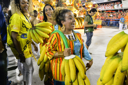 Rio, Brazil - february 17, 2018: Samba School perform at Marques de Sapucai known as Sambodromo, for...