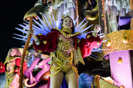 Rio, Brazil - february 17, 2018: Samba School perform at Marques de Sapucai known as Sambodromo, for...